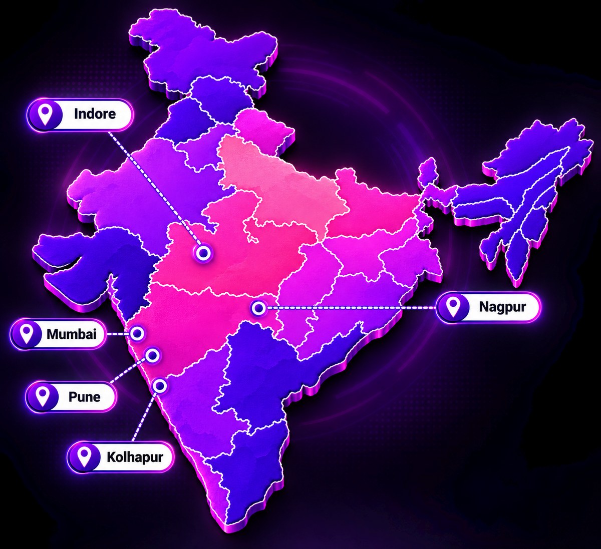 Map of India marking GTA locations: Indore, Nagpur, Mumbai, Pune and Kolhapur